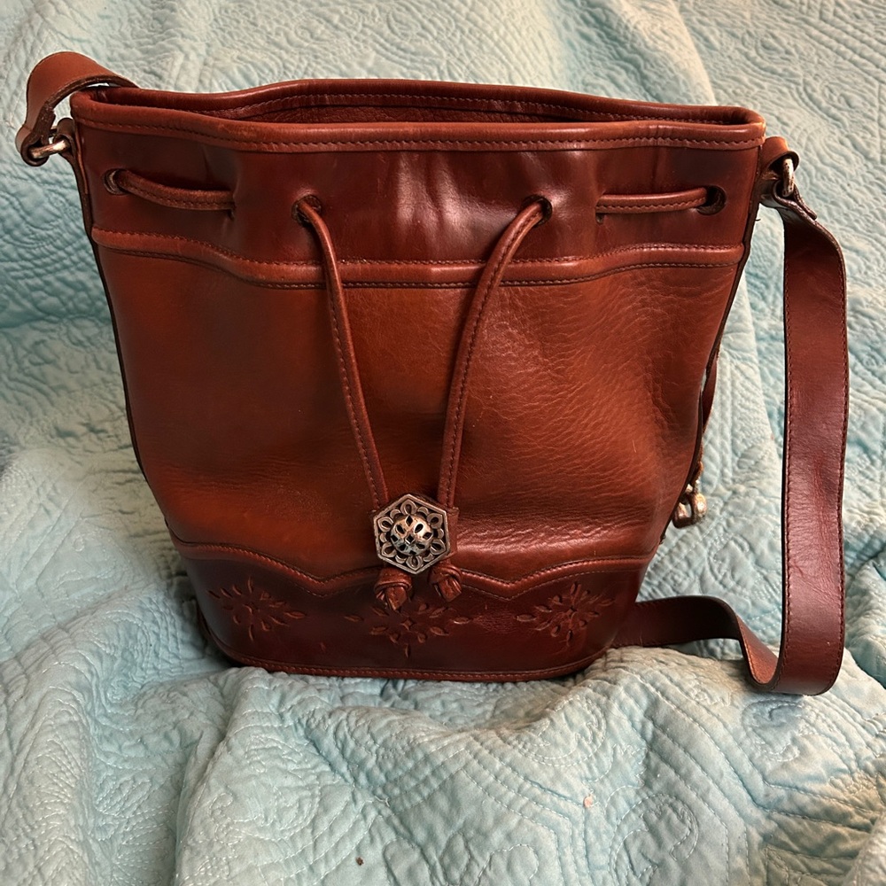 Brown Leather Drawstring Bucket Bag - Brighton Vintage